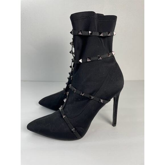 Studded Heels Womens Size 8.5 Mid-Calf Boots Pull On Black Pointed Toe Booties - Picture 5 of 12